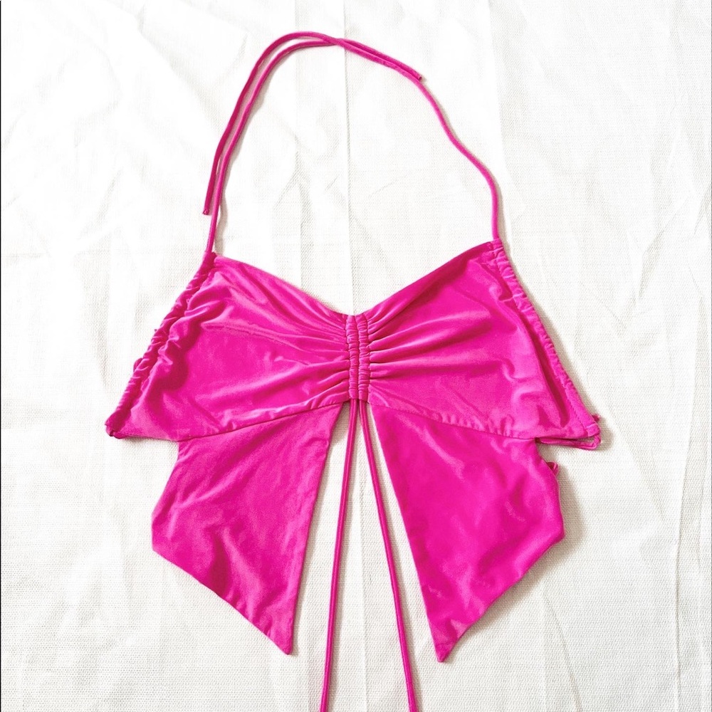 Pink Asymmetrical Hem Tie Backless Crop Halter Top